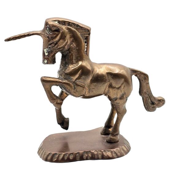 Elegant Brass Unicorn Figurine - Mid-Century Prancing Horse Art Piece on Stand - Picture 2 of 7